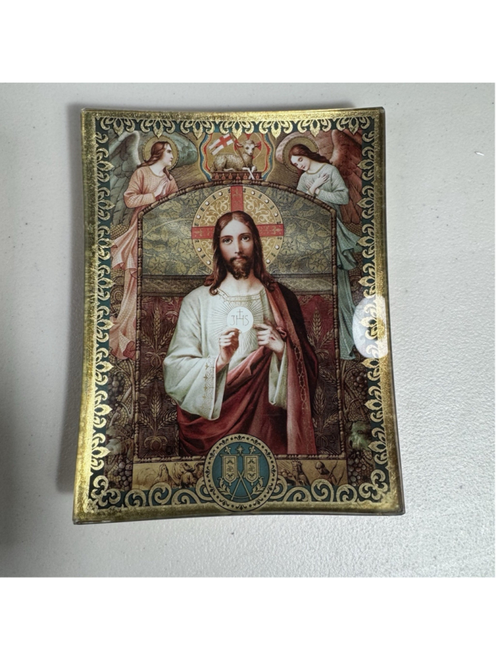 Vatican Observatory Jesus Glass Plate Gold Border Red Accents 5x6.5” Religious